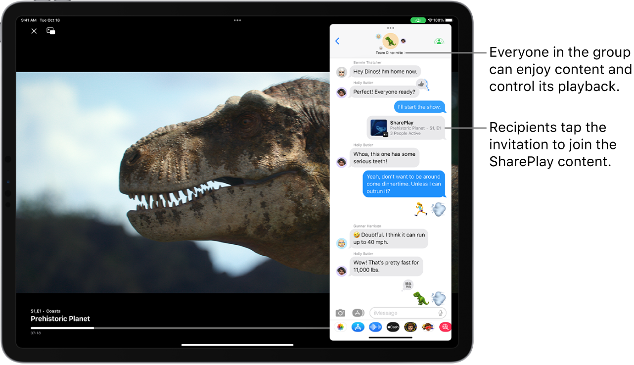 A video is playing on the iPad screen. On top of the video is a group Messages conversation that includes a SharePlay invitation, so everyone in the group can watch and interact with the video.