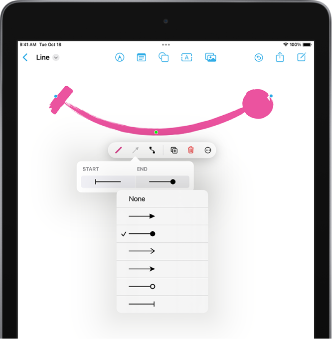 A Freeform board with a curved line selected and the formatting tools visible. A menu for selecting the style for the start and end of the line appears below the formatting tools.