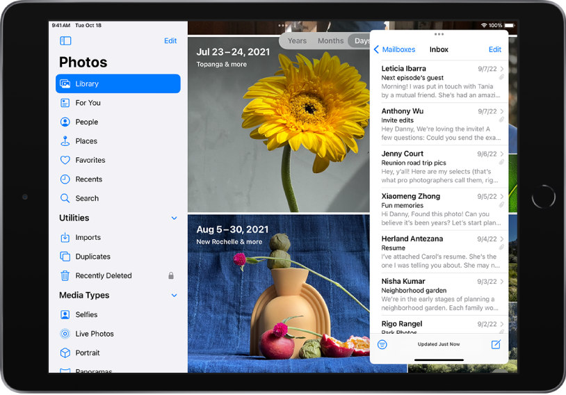The Photos app fills the screen. The Mail app Inbox is open in a Slide Over window on the right side of the screen.