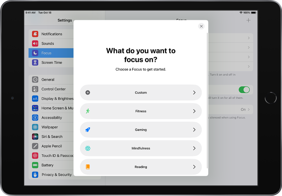 A Focus setup screen for one of the additional provided Focus options, including Custom, Fitness, Gaming, Mindfulness, and Reading.