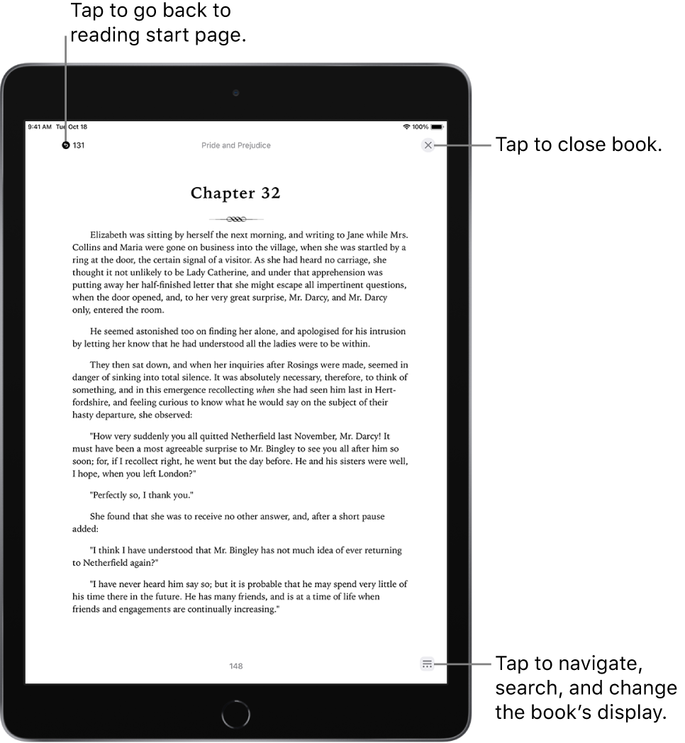 A page of a book in the Books app. At the top of the screen are the buttons for returning to the page on which you began reading and for closing the book. At the bottom right of the screen is the Menu button.
