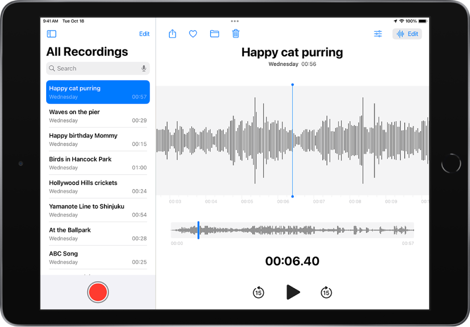 A recording made in Voice Memos. The list of all recordings is on the left, with a selected recording at the top. On the right, the recording has a playhead, which you can drag the waveform through to go to a specific place in the recording, and a timeline below the waveform. Above are the Share, Favorite, Move, Delete, Playback Settings, and Edit buttons. Below the timeline are buttons to skip back 15 seconds, play, and skip forward 15 seconds.