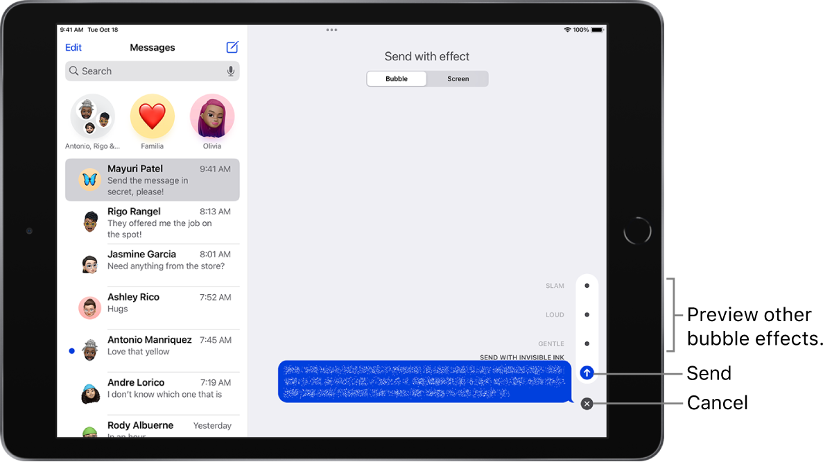 A message preview with the Invisible Ink effect. Along the right, controls show previews of other bubble effects and Send and Cancel buttons.