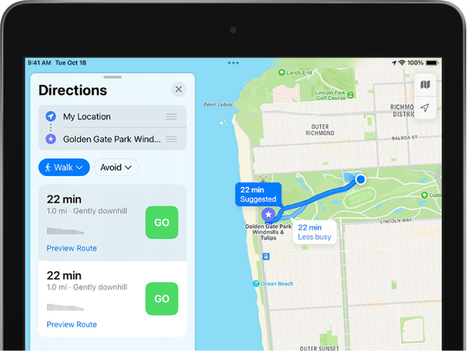 A map with several walking routes, each listed with a Go button in the route card on the left.