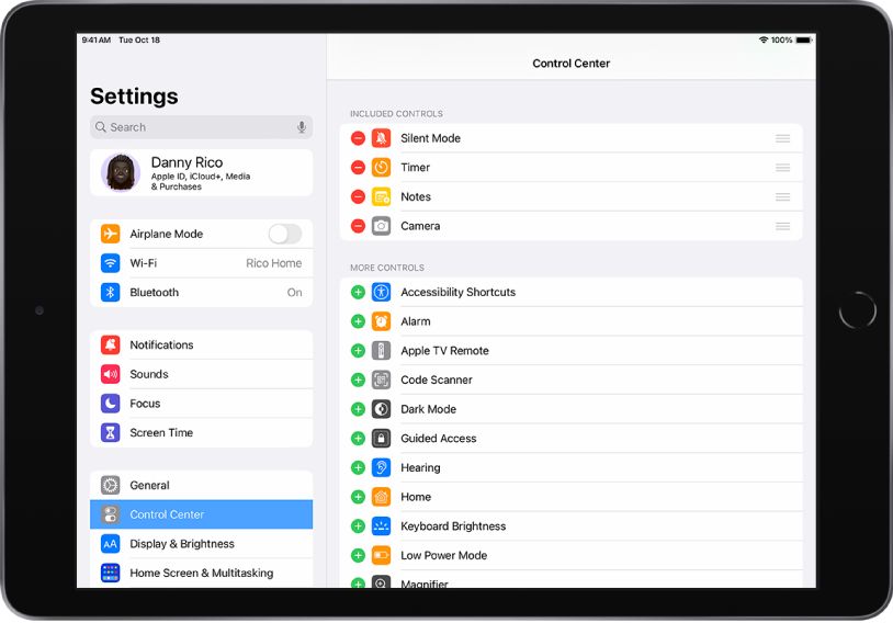The iPad Settings screen. On the left side of the screen is the Settings sidebar; Control Center is selected. On the right side of the screen are the options for customizing Control Center.
