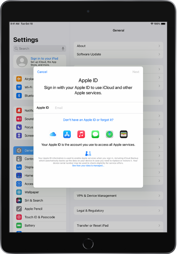 The Settings screen, with the Apple ID sign-in dialog in the middle of the screen.