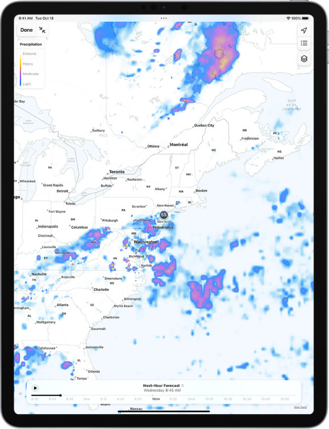 A precipitation map of the surrounding area fills the screen. In the top-right corner from top to bottom are the Current Location, Favorite Locations, Overlay and Toggle Full Screen Map buttons. In the top-left corner is the Done button.