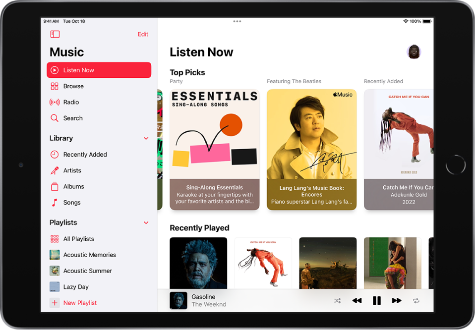 The Listen Now screen showing the sidebar on the left and the Listen Now section at the right. The Listen Now section has the profile button at the top right. Top Picks playlists appear below. Below Top Picks is the Recently Played section, showing four albums.