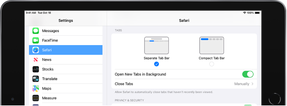 The Safari section of the Settings app. Below tabs are the Separate Tab Bar and Compact Tab Bar options. Other options include Open New Tabs in Background and Close Tabs.