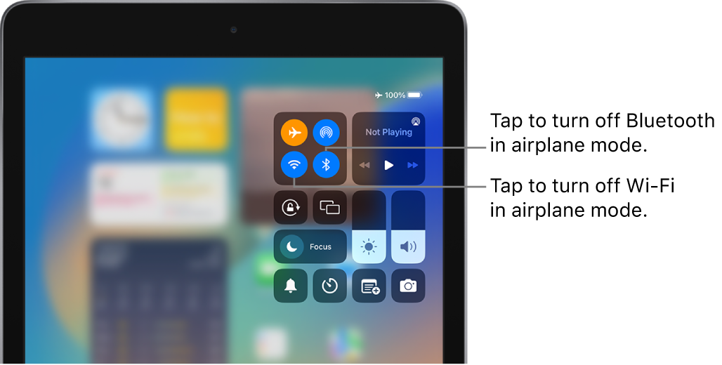 Control Center with airplane mode on. The buttons for turning off Wi-Fi and Bluetooth are near the upper-left corner of Control Center.