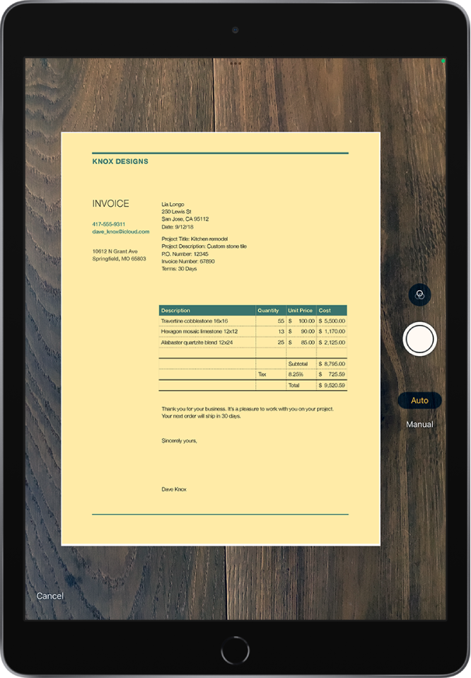 A screen showing a document being scanned. The Take Picture button is at the middle of the right edge.