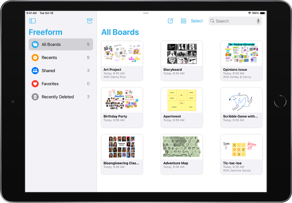 Freeform is open on iPad. All Boards is selected in the sidebar, and nine board thumbnails appear on the right.