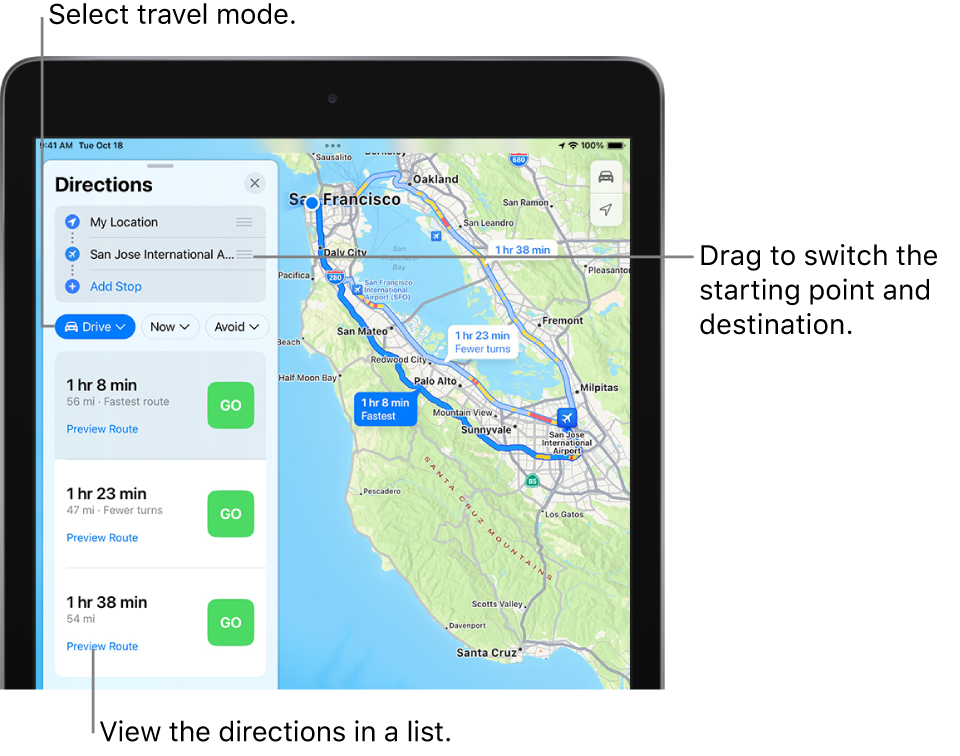 显示从旧金山到圣何塞国际机场的三条行车路线的地图。将选择最快的路线。