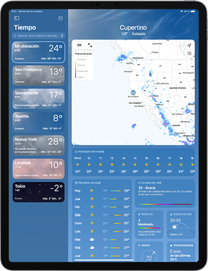 Pantalla Tiempo con la barra lateral en la parte izquierda de la pantalla. En la barra lateral hay una lista de ciudades que indica la hora, la temperatura actual, la previsión y las temperaturas máxima y mínima. En la parte superior de la lista, la opción “Mi ubicación” está seleccionada y en el lado derecho de la pantalla está la previsión y las condiciones meteorológicas para esa ubicación.