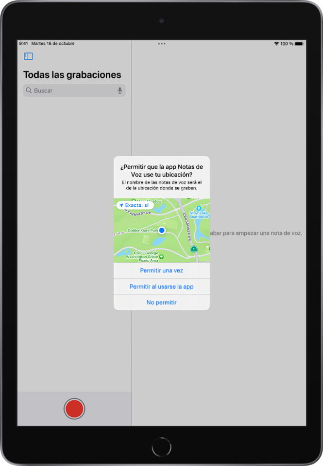 Una solicitud de una app para usar datos de ubicación en el iPad. Las opciones son “Permitir una vez”, “Permitir al usarse la app” y “No permitir”.