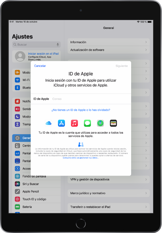 Pantalla de ajustes con el cuadro de diálogo de inicio de sesión en el ID de Apple en mitad de la pantalla.