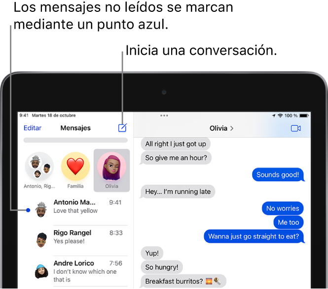 La lista Mensajes con el botón Editar en la parte superior izquierda y el botón para cambiar a FaceTime, en la parte superior derecha. Un punto azul a la izquierda de un mensaje indica que no se ha leído.