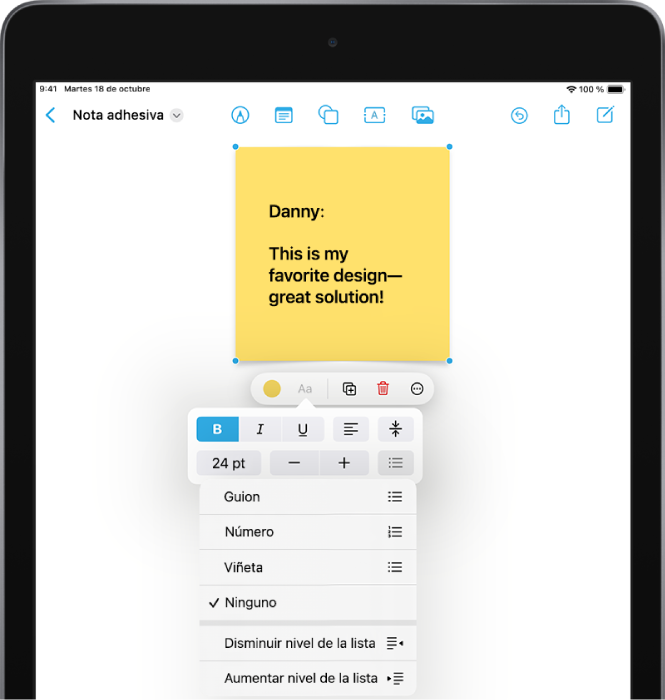 Una nota adhesiva seleccionada en una pizarra de Freeform con las herramientas de formato visibles, incluidos los estilos de lista.