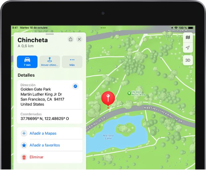 Un mapa del parque de El Retiro con una chincheta cerca de un lago y un paseo que lo rodea.