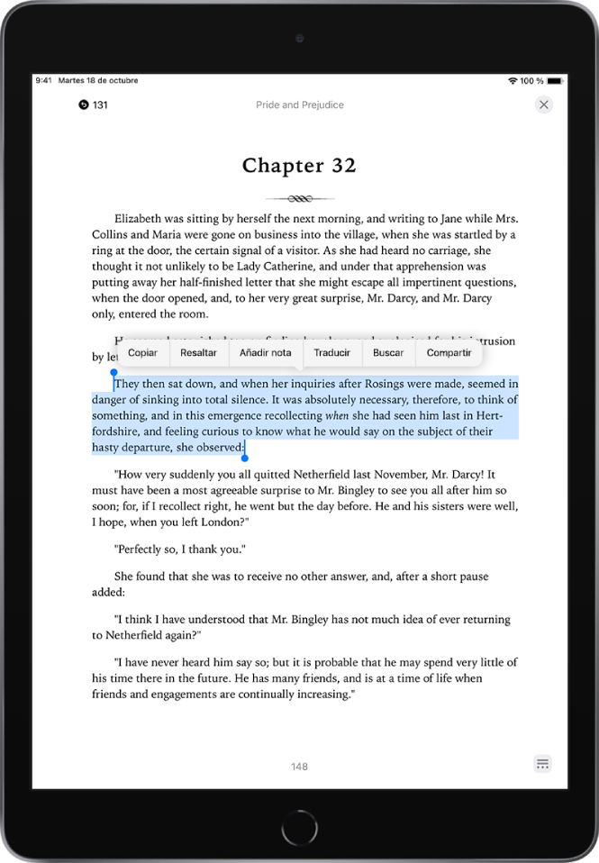 Página de un libro en la app Libros con una parte del texto de la página seleccionado. Encima del texto seleccionado están los controles Copiar, Resaltar y “Añadir nota”.