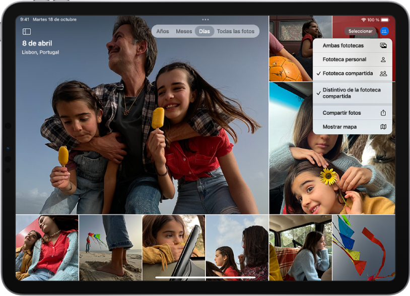 Una fototeca en la app Fotos. Se selecciona el botón Más en la parte superior de la pantalla y se seleccionan las opciones “Biblioteca compartida” y “Distintivo de la fototeca compartida”.