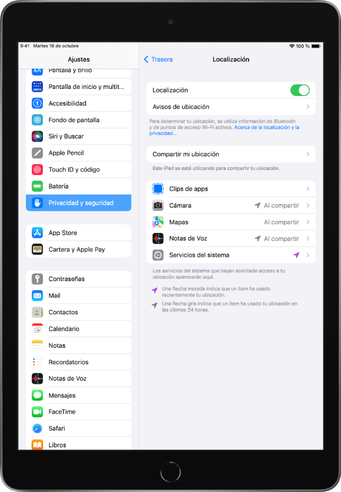 Ajustes de la función Localización en los ajustes de “Privacidad y seguridad”, con opciones para compartir la ubicación del iPad, incluidos ajustes personalizados para apps específicas.