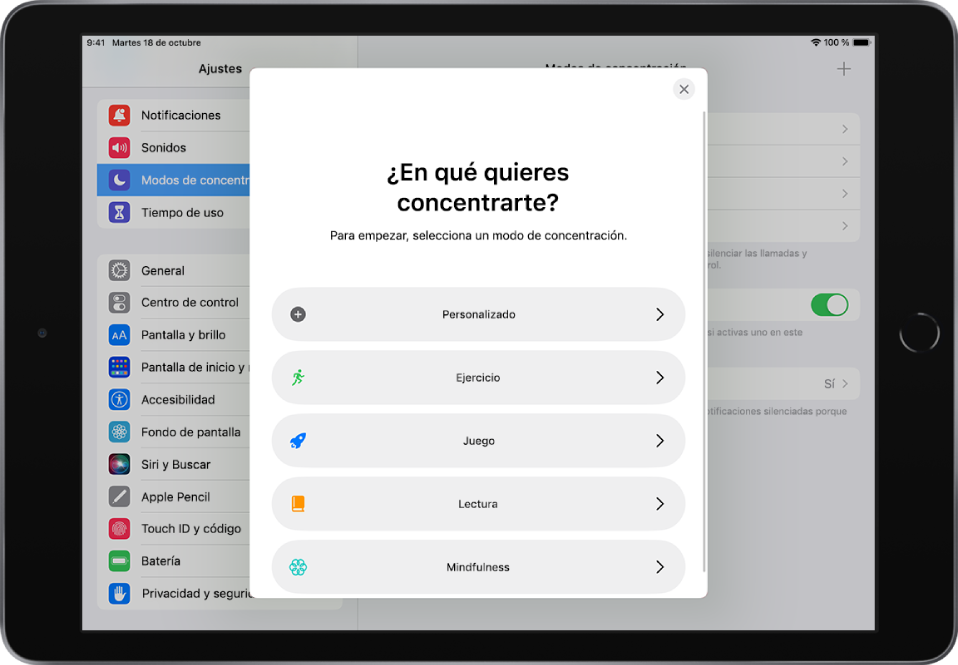 Pantalla de configuración de una de las opciones de concentración adicionales proporcionadas, entre las que se incluyen Personalizado, Fitness, Juego, Mindfulness y Lectura.