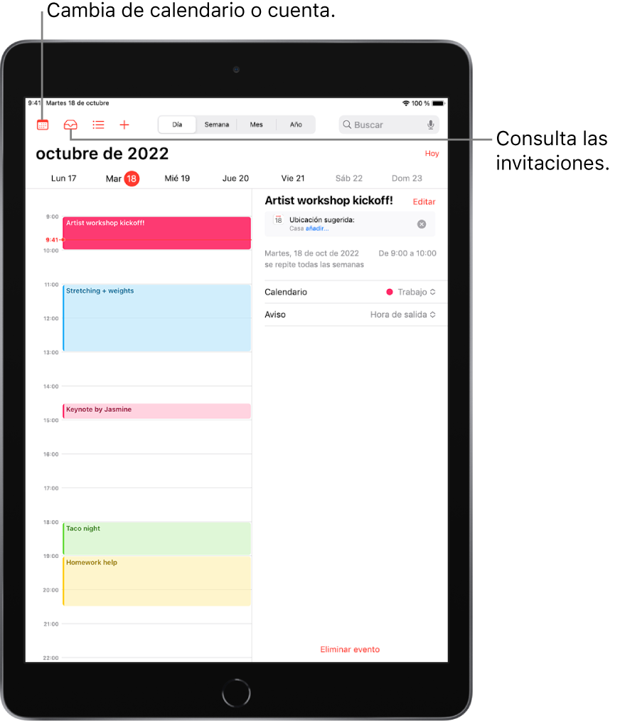 Un calendario en visualización por días. Los botones de la parte superior central permiten cambiar la vista entre Día, Semana, Mes y Año. El botón Calendarios de la parte superior izquierda permite cambiar las cuentas o calendarios. El botón Entrada situado cerca de la parte superior izquierda permite ver las invitaciones.