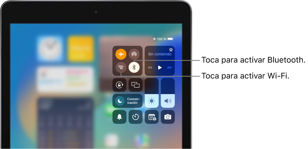 Centro de control con el modo Avión activado. Los botones para activar la conexión Wi-Fi o Bluetooth están cerca de la esquina superior izquierda del centro de control.