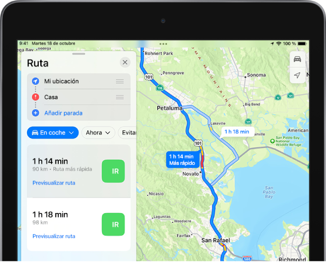 Mapa con dos rutas en coche que se muestran en la zona norte, cerca de Madrid. La ruta más rápida está seleccionada.