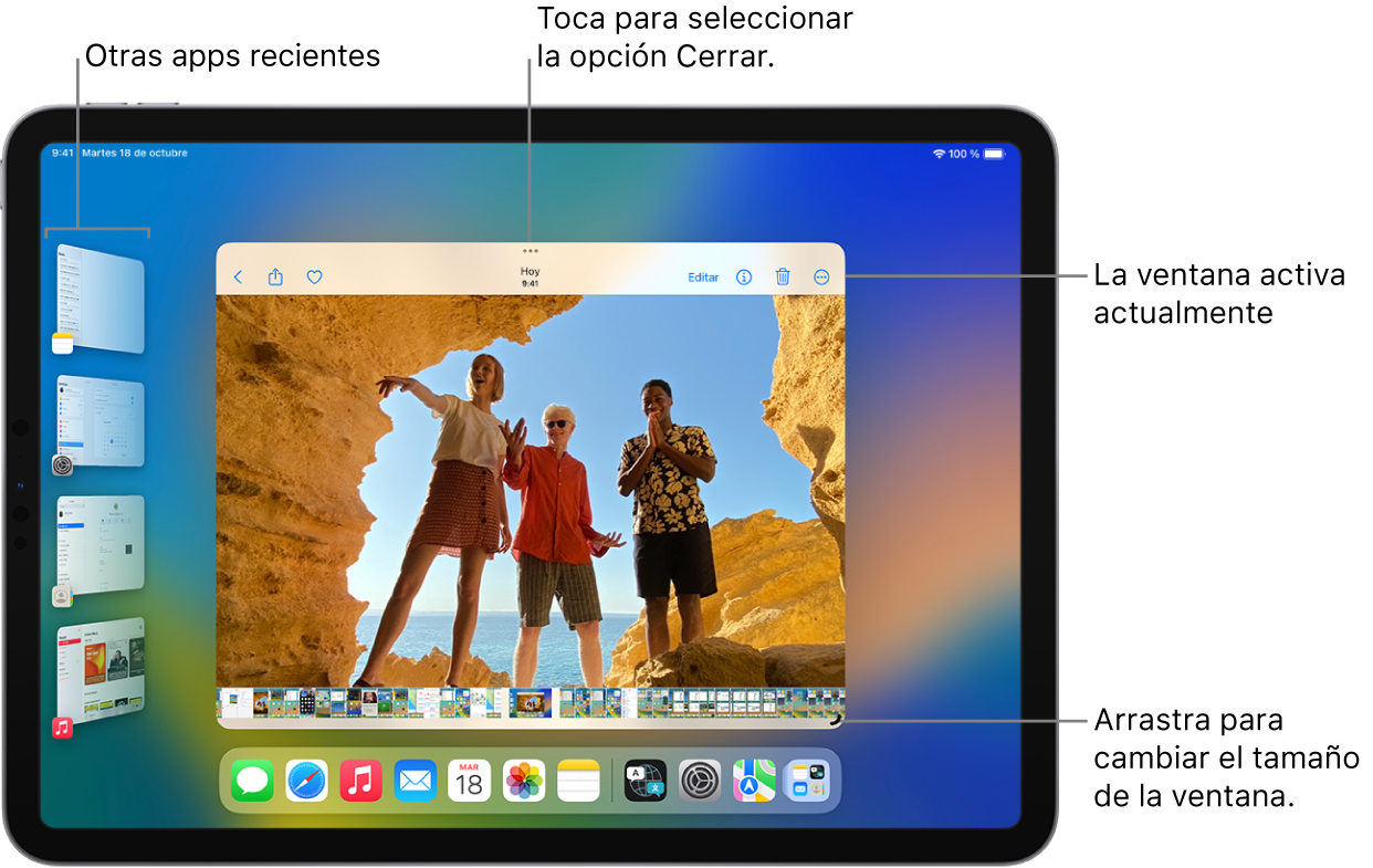 Una pantalla del iPad con el organizador visual activado. La ventana actual está en el centro de la pantalla con los controles multitarea en la parte superior y el control de redimensionamiento en la esquina inferior derecha. Las apps recientes aparecen en una lista en la parte izquierda. Las apps del Dock aparecen en la parte inferior de la pantalla.