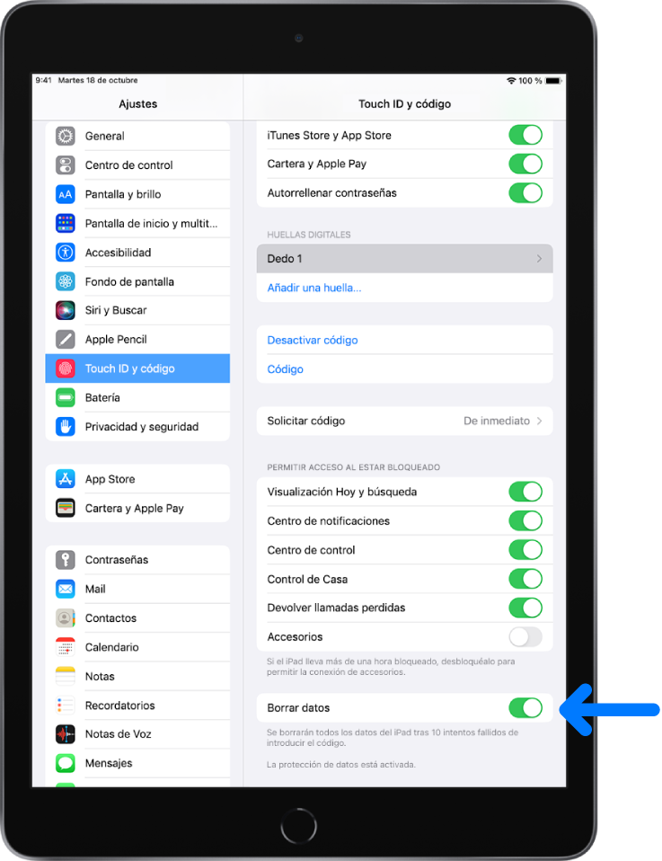 El control “Borrar datos”, ubicado al final de la pantalla “Touch ID y código” en Ajustes.
