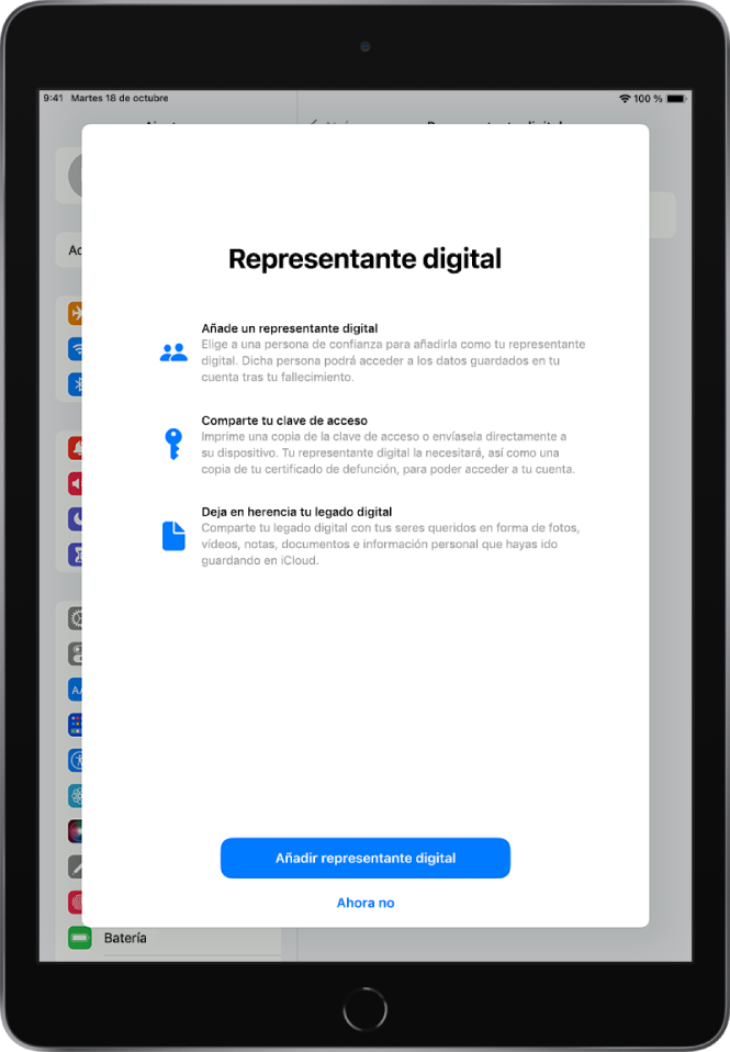 La pantalla “Representante digital”, con información sobre la función. El botón “Añadir representante digital” se encuentra en la parte inferior.