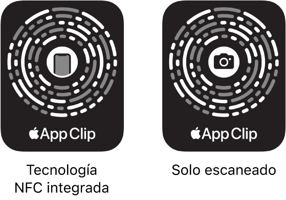 A la izquierda, un código de clip de app con etiqueta NFC integrada y con el icono de un iPhone en el centro. A la derecha, un código de clip de app para escanear con el icono de una cámara en el centro.