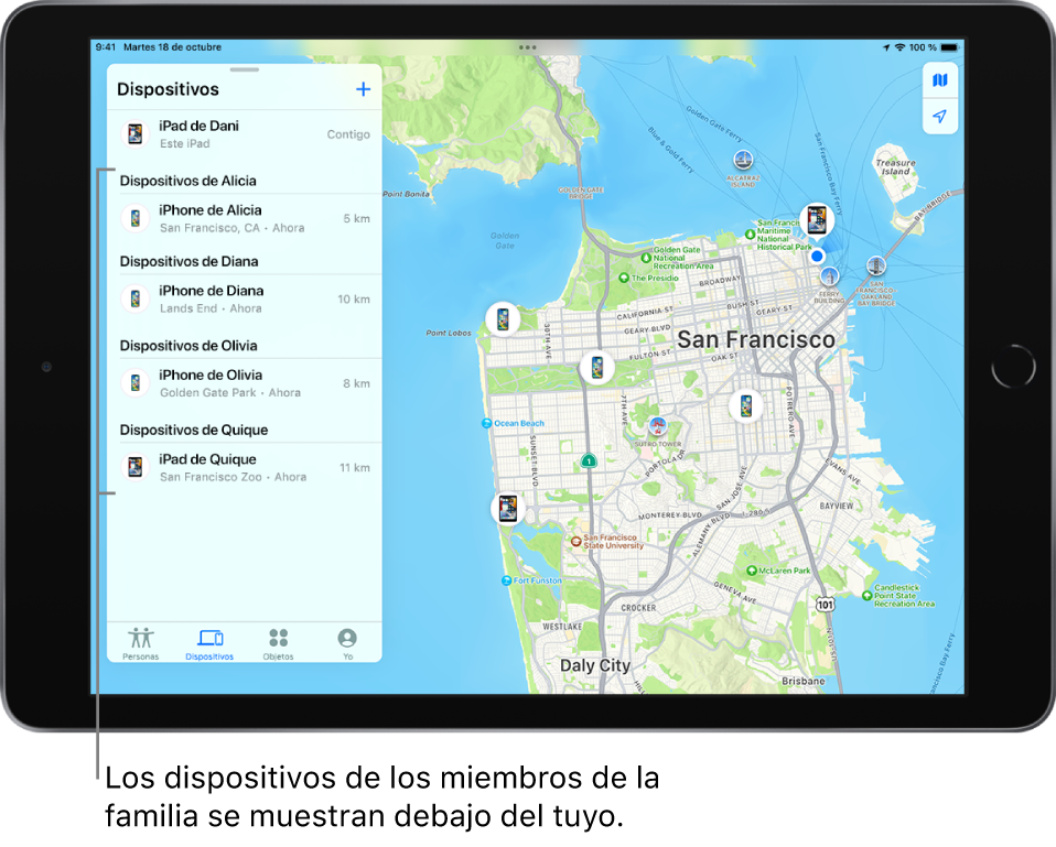 Pestaña Dispositivos en Buscar. El iPad de Dani está en la parte superior de la lista. Debajo están los dispositivos de Aurora, Diana, Olivia y Guille.