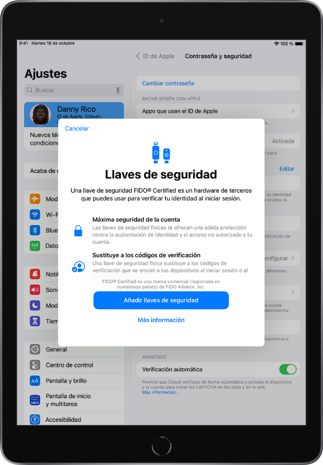 La pantalla de bienvenida de las llaves de seguridad. Cerca de la parte inferior está el botón “Añadir llaves de seguridad” y un enlace “Más información”. Sobre ellas hay un texto explicativo sobre las ventajas de utilizar llaves de seguridad.