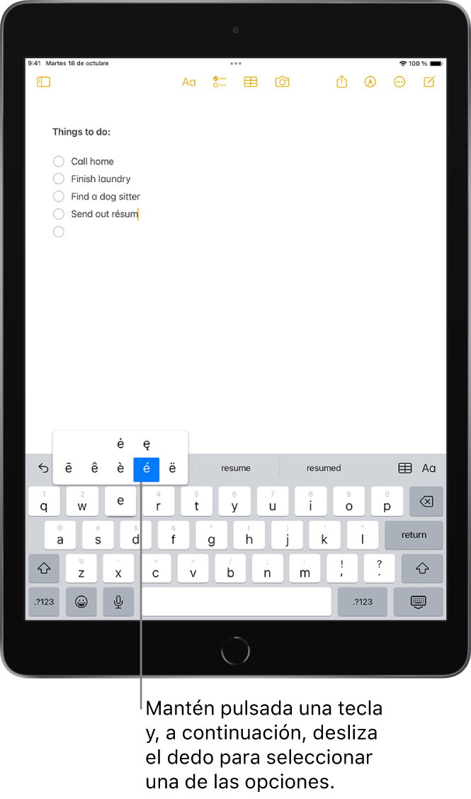 Un teclado en la parte inferior de la pantalla del iPad, con caracteres acentuados alternativos que aparecen al mantener pulsada la tecla E.