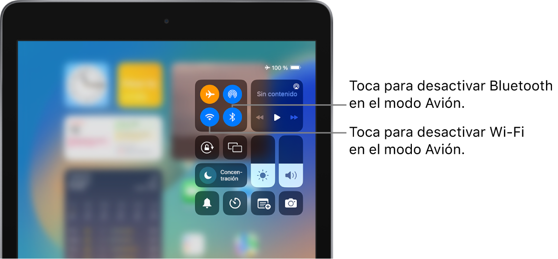 Centro de control con el modo Avión activado. Los botones para desactivar la conexión Wi-Fi o Bluetooth están cerca de la esquina superior izquierda del centro de control.