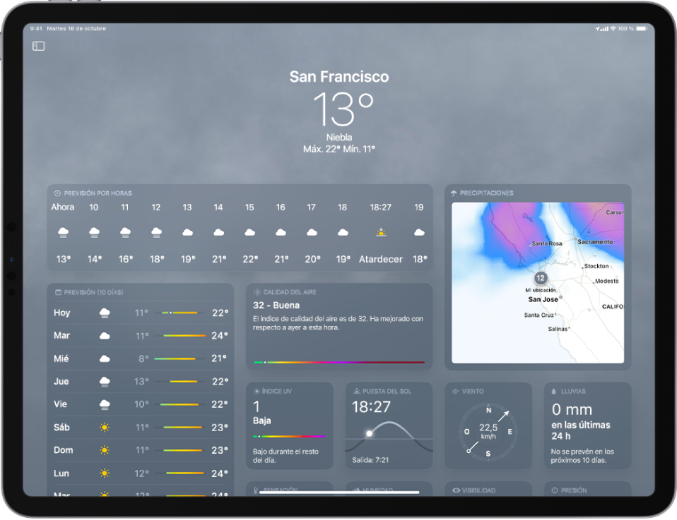 Se muestra la pantalla Tiempo en orientación horizontal. Se muestra información de la previsión de arriba abajo, incluida la ubicación, la temperatura actual, la niebla y la temperatura máxima y mínima del día. Debajo está la previsión por horas, la previsión de diez días, la escala de la calidad del aire y un mapa que muestra las precipitaciones en la zona. En la parte inferior de la pantalla están las mediciones para Índice UV, Puesta del sol, Viento y Lluvia.