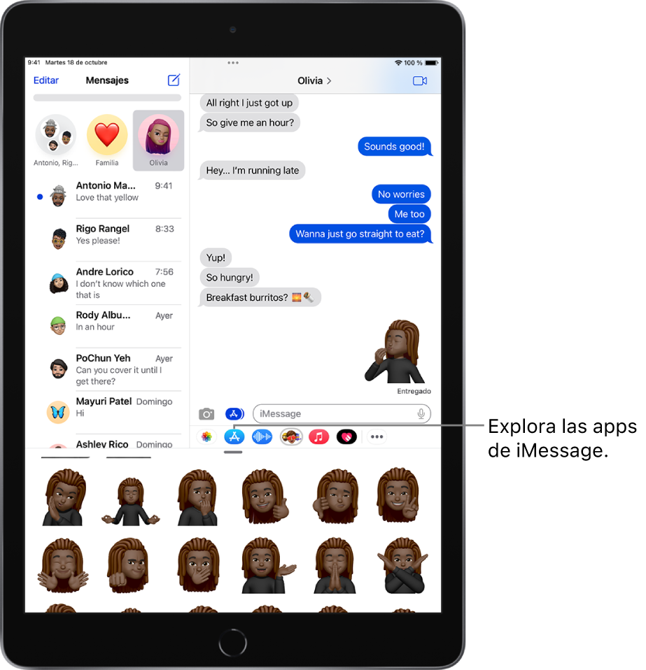 Conversación de Mensajes con el icono Memoji de la app iMessage seleccionado y stickers de Memoji en la parte inferior de la pantalla.