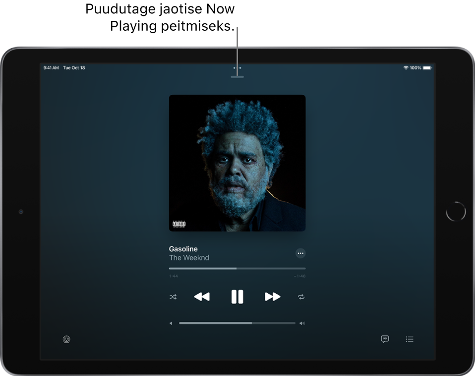 Kuva Now Playing koos albumi kaanega. Selle all on loo nimi, esitaja, nupp More, esituskursor, esituse juhtnupud, helitugevuse liugur, nupp Playback Destination, nupp Lyrics ja nupp Queue. Üleval asub nupp Hide Now Playing.