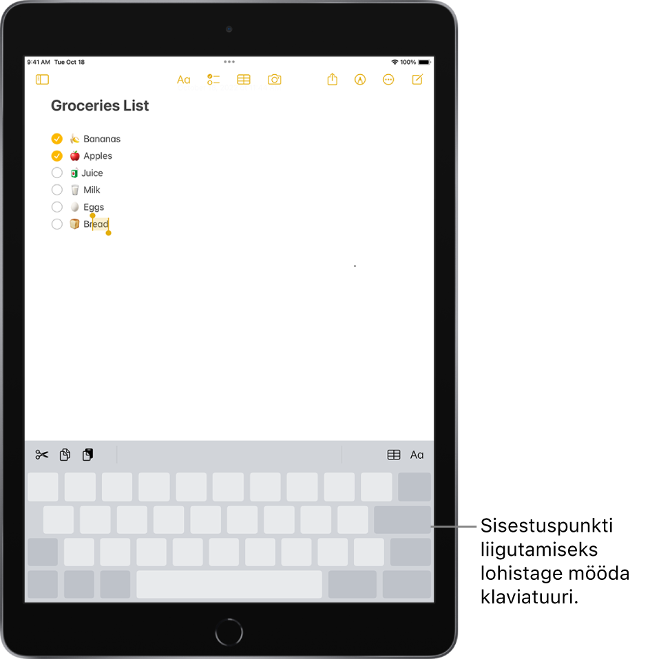 Märkme redigeerimine pärast klaviatuuri muutmist puuteplaadiks. Klaviatuur on muudetud tuhmiks, tähistamaks et see toimib nüüd puuteplaadina.