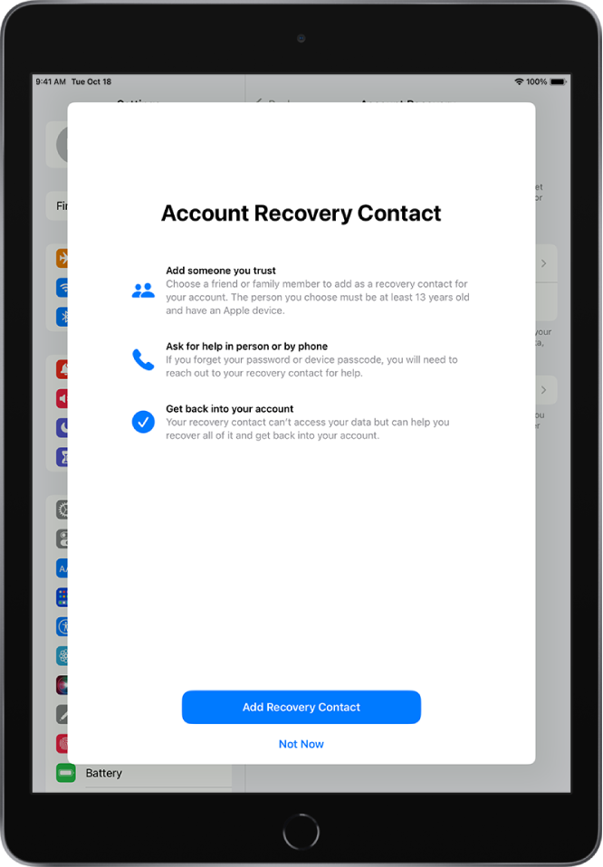 Kuva Account Recovery Contact koos teabega funktsiooni kohta. All on nupp Add Recovery Contact.