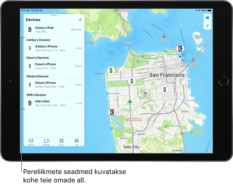 Rakenduse Find My vahekaart Devices. Loendi ülaosas on Danny’s iPad. All on Ashley, Dawni, Olivia ja Willi seadmed.
