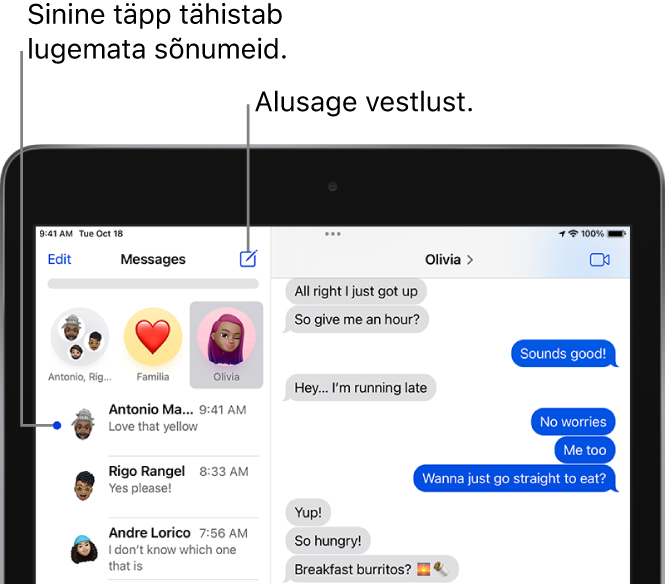 Loend Messages, kus üleval vasakul kuvatakse nupp Edit ning üleval paremal nupp FaceTime. Sõnumist vasakul olev sinine täpp tähistab, et see on lugemata.