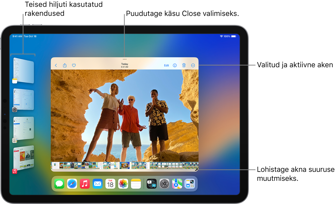 iPadi ekraan, kus on Stage Manager lülitatud sisse. Praegune aken on ekraani keskel, üleval on multitegumtöö nupud ning alumises paremas nurgas suuruse muutmise juhik. Hiljutised rakendused kuvatakse vasakul pool loendis. Docki rakendused kuvatakse ekraani allservas.