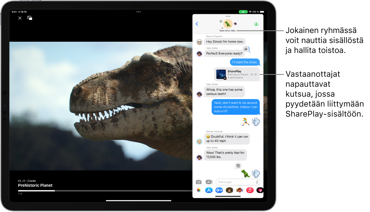 Video toistuu iPadin näytöllä. Videon yläpuolella on Viestit-ryhmäkeskustelu, jossa on SharePlay-kutsu, jotta kaikki ryhmässä voivat katsoa videon tai olla vuorovaikutuksessa sen kanssa.