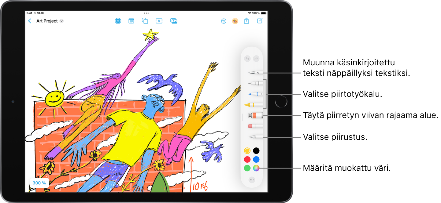 Freeform-taulu, jossa näkyvät piirrostyökalut. Voit muuntaa käsinkirjoitettua tekstiä näppäimistöllä kirjoitetuksi tekstiksi valitsemalla käsinkirjoitustyökalun, valita piirrostyökalun, täyttää piirretyllä viivalla suljetun alueen, valita piirroksen ja määrittää muokatun värin.