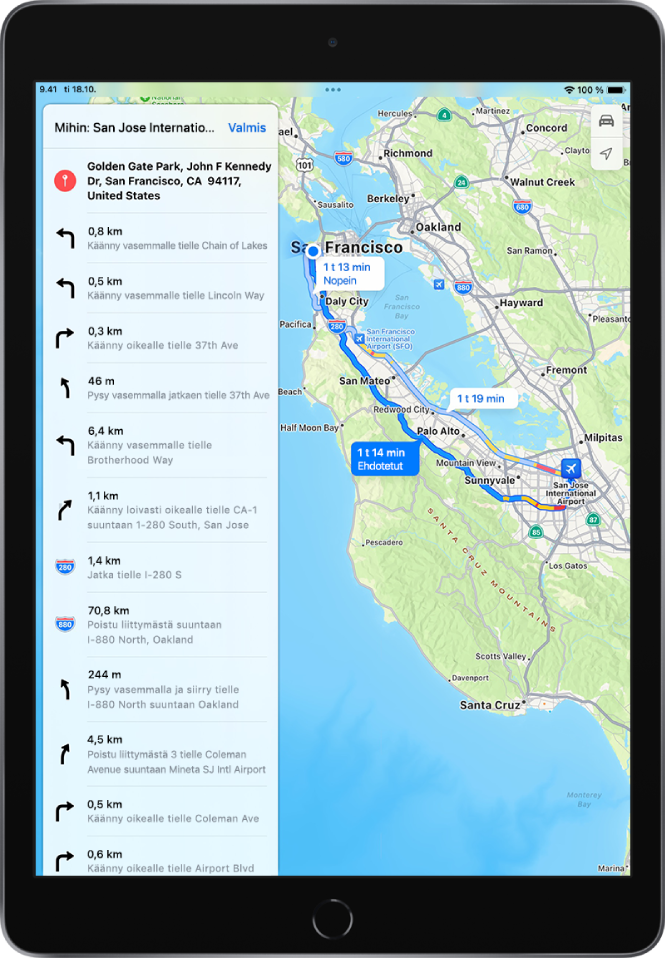 Ohjeet käännös käännökseltä ja kartta, jossa näkyy kaksi ajoreittiä Golden Gate ‑puistosta San Josen kansainväliselle lentokentälle. Valittuna on ehdotettu reitti.