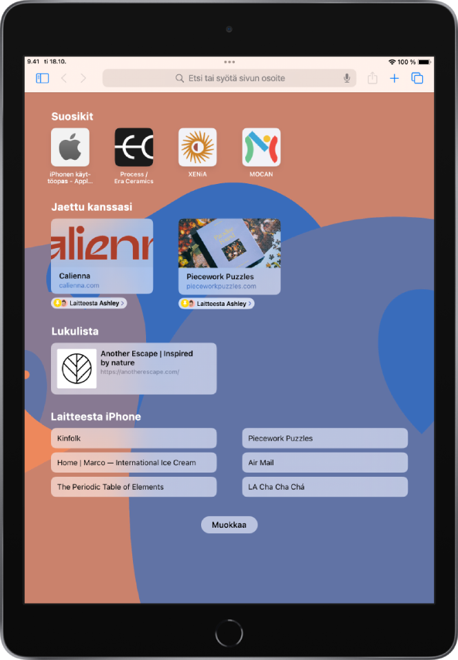 Safarin aloitussivu, jolla näkyvät suosikkisivustot, kanssasi jaetut verkkosivustot, Lukulistalle tallennetut verkkosivustot ja muilla Apple-laitteillasi auki olevat verkkosivustot. Näytön alareunassa on Muokkaa-painike.